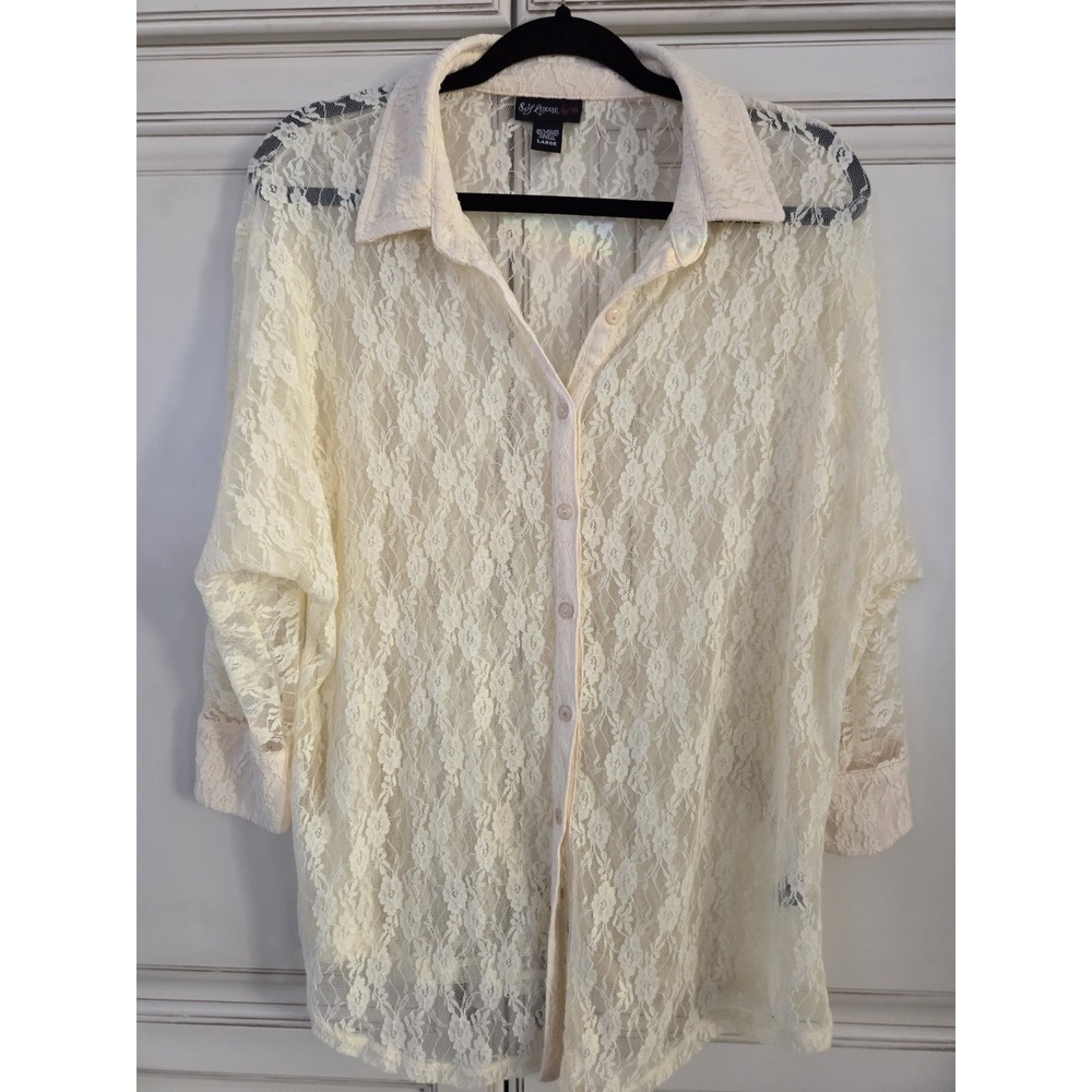 Vtg Self Esteem Sheer Mesh Lace Top Women's Lg Romantic Feminine Button‎ Cottage